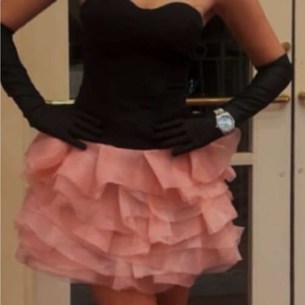 Chic Strapless Black and Pink Ruffle Dress